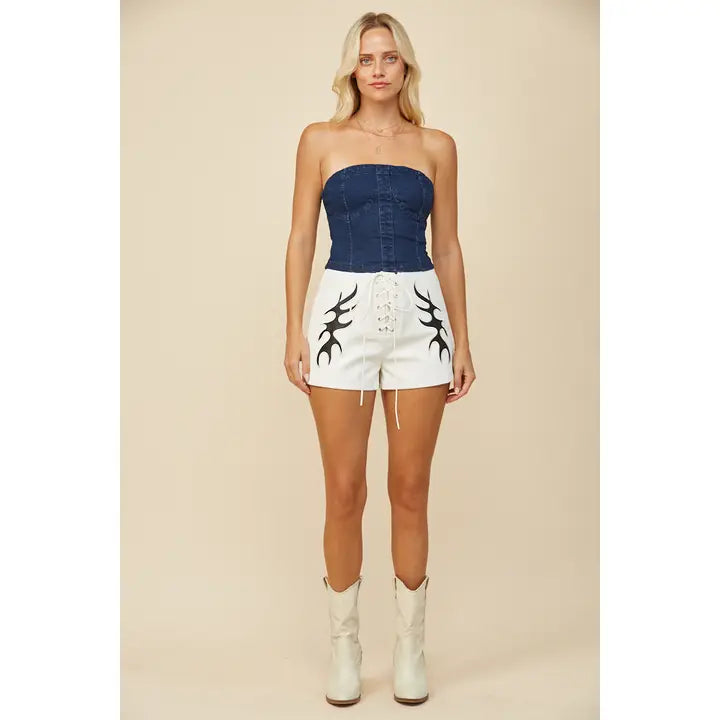 White Faux Leather Lightning Detail Shorts