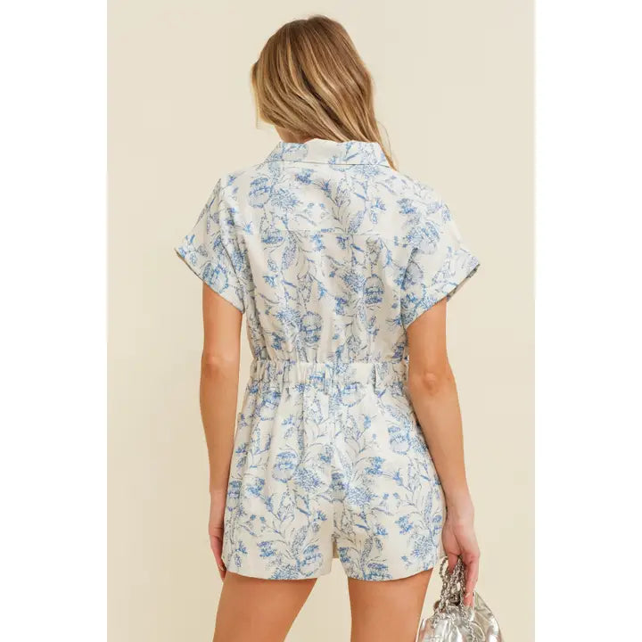 Cream/ Blue Floral Button Up Romper