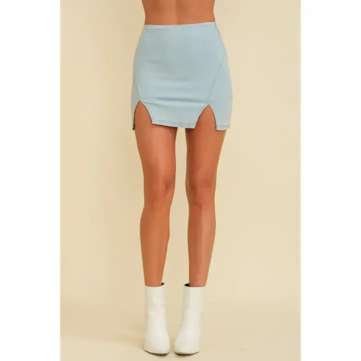 High Waisted Double Slit Denim Mini Skirt