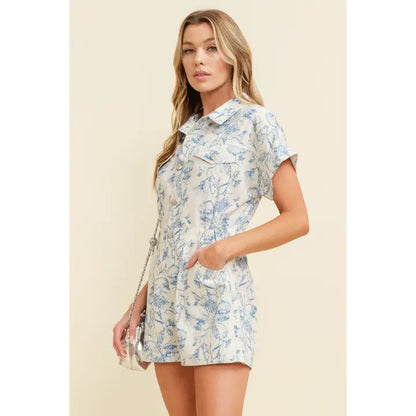 Cream/ Blue Floral Button Up Romper