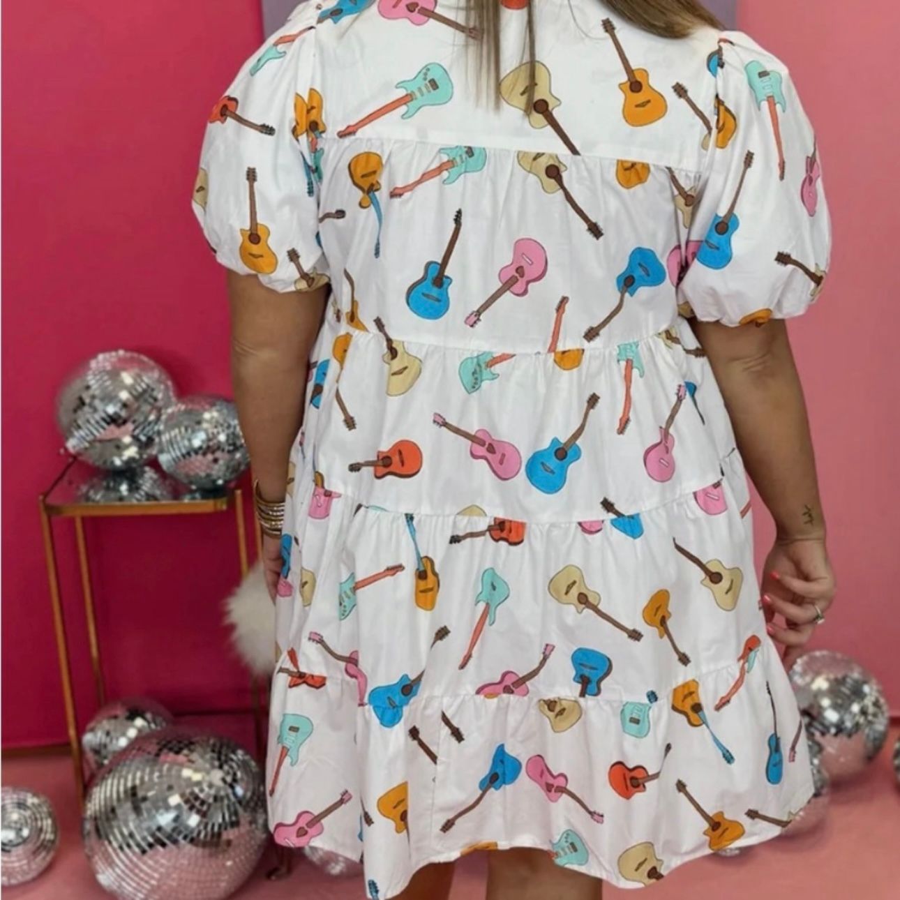 White Multi Guitar Print Dress