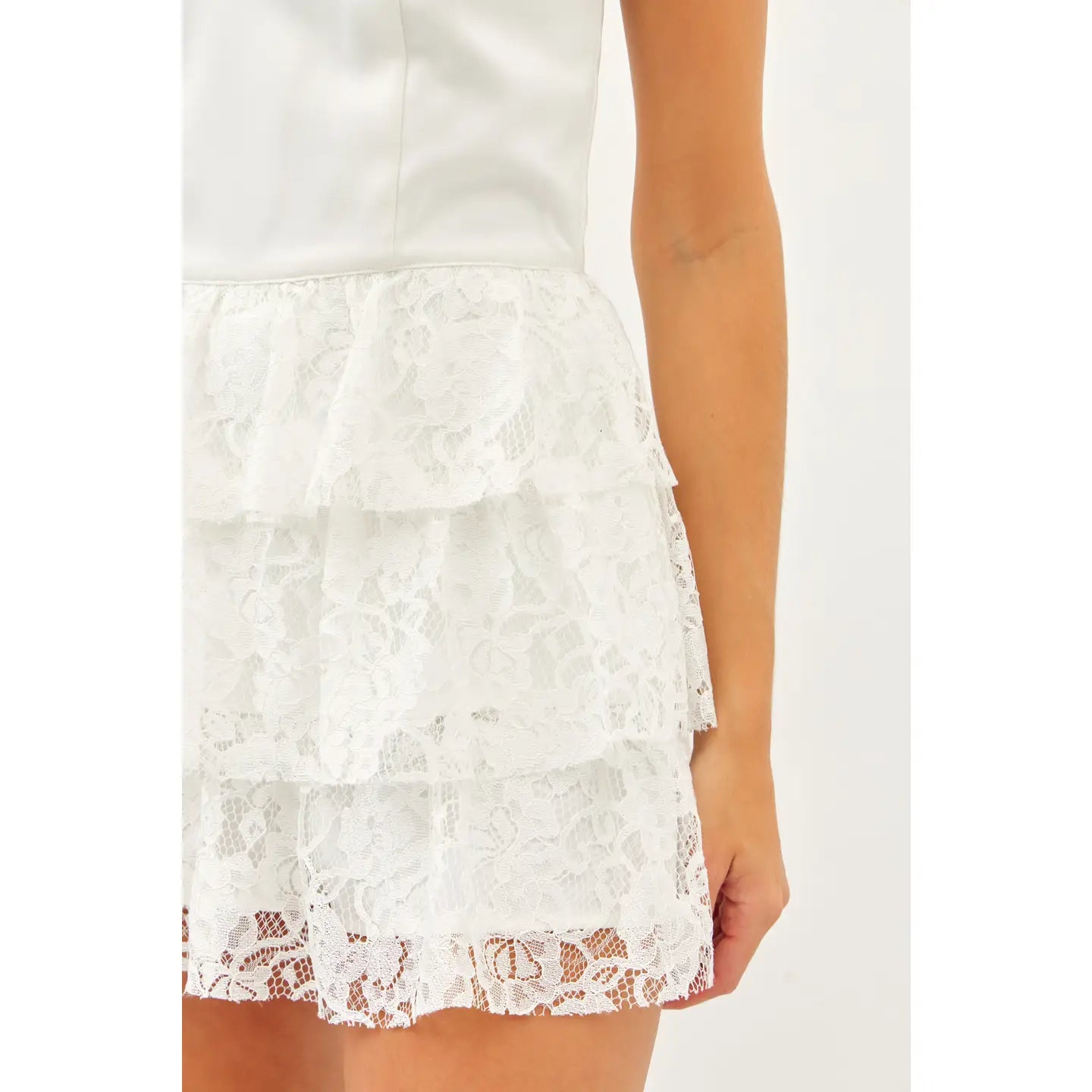 Off White Strapless Ruffled Lace Romper