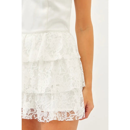 Off White Strapless Ruffled Lace Romper