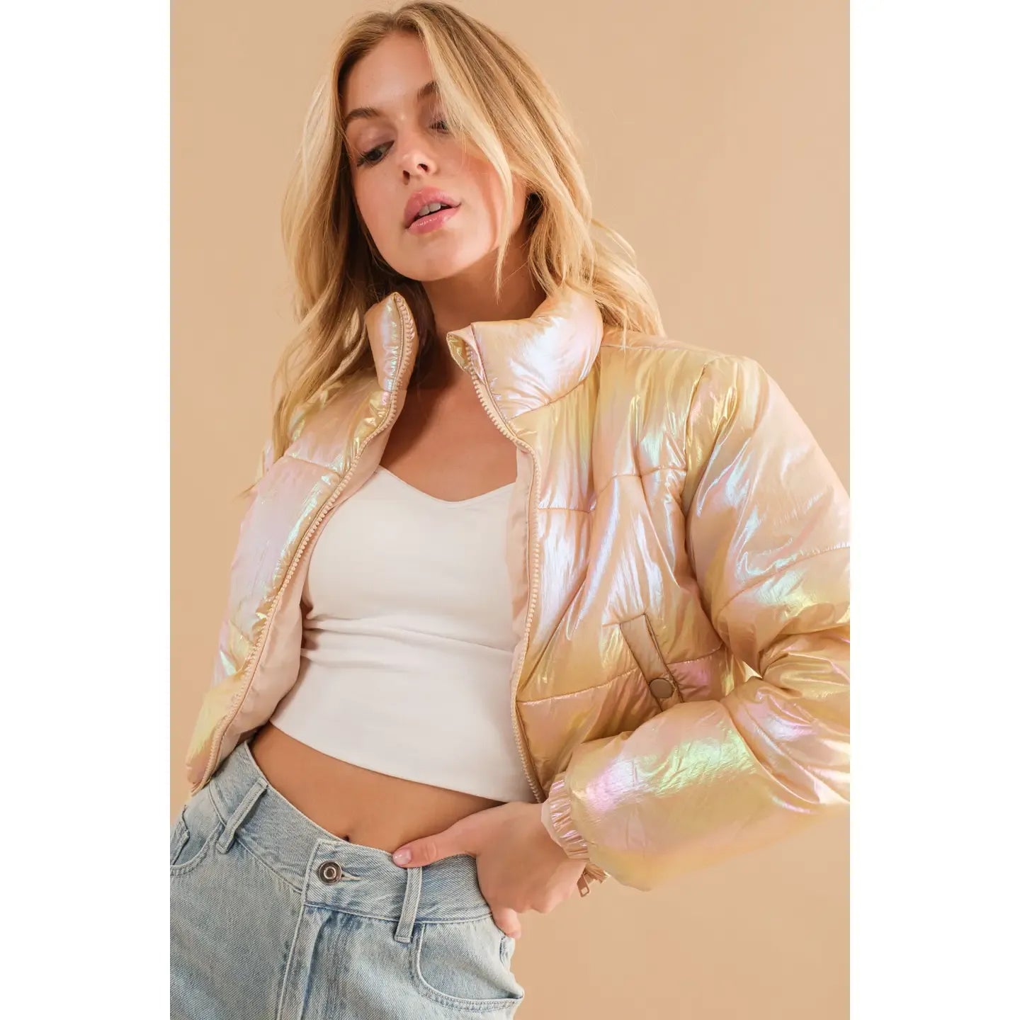Metallic Windbreaker Puffer Crop Zip Up Jacket