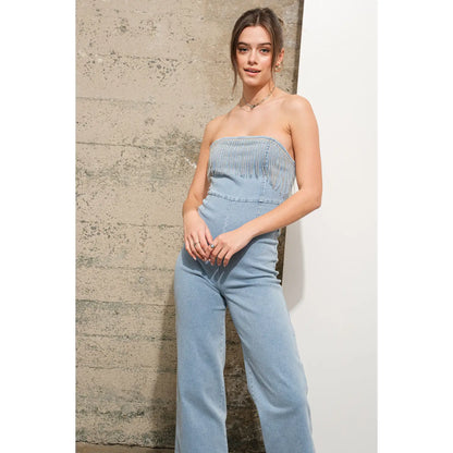 Denim Strapless Jumpsuit W Rhinetsone Detail