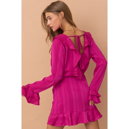 Fuchsia Balloon Cuff Long Sleeve Dress