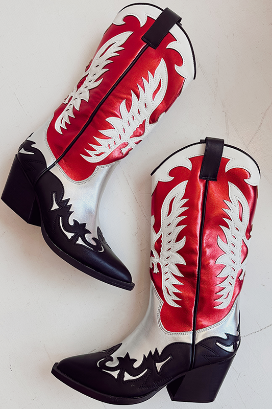 Red, Silver & Black Mid Calf Boots
