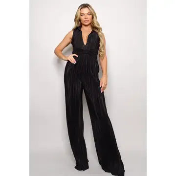 Black Sleeveless Collared Micro Pleated Jumpsuit