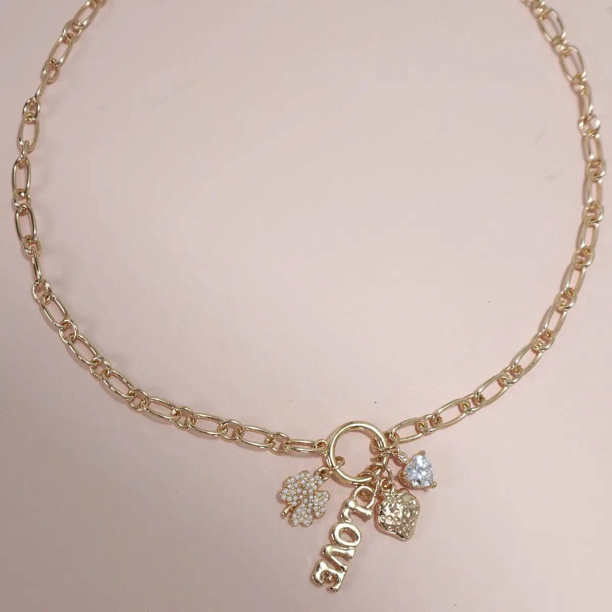 Gold Charm Love & Strawberry Necklace
