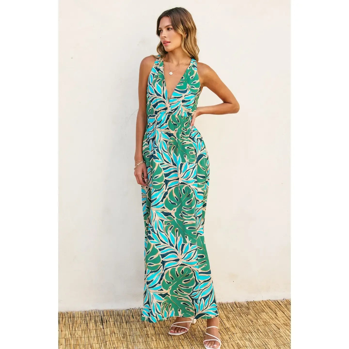 Blue/ Green Maxi Palm Leaf Print Dress