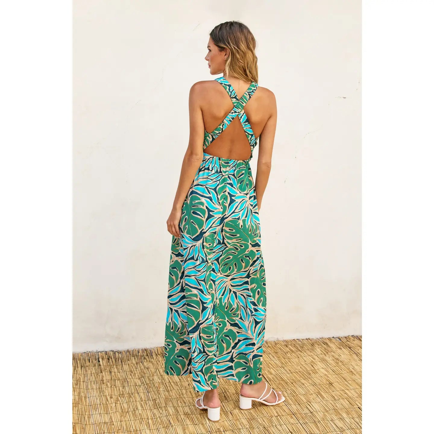 Blue/ Green Maxi Palm Leaf Print Dress