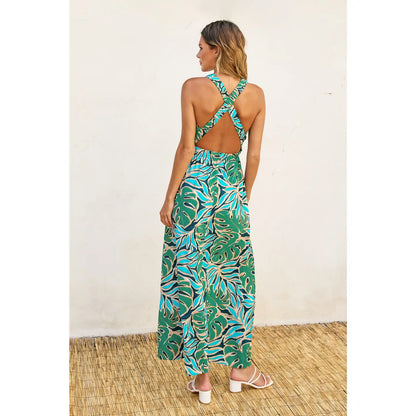 Blue/ Green Maxi Palm Leaf Print Dress