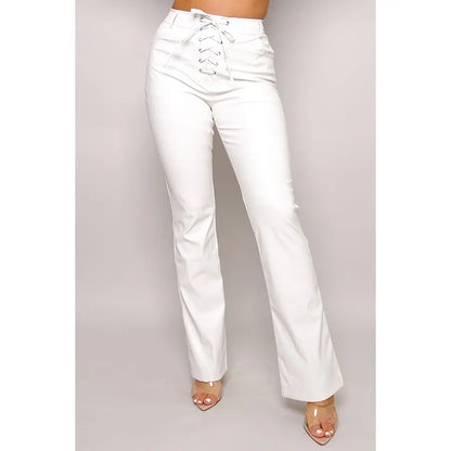 White Front Lace Faux Leather Pants