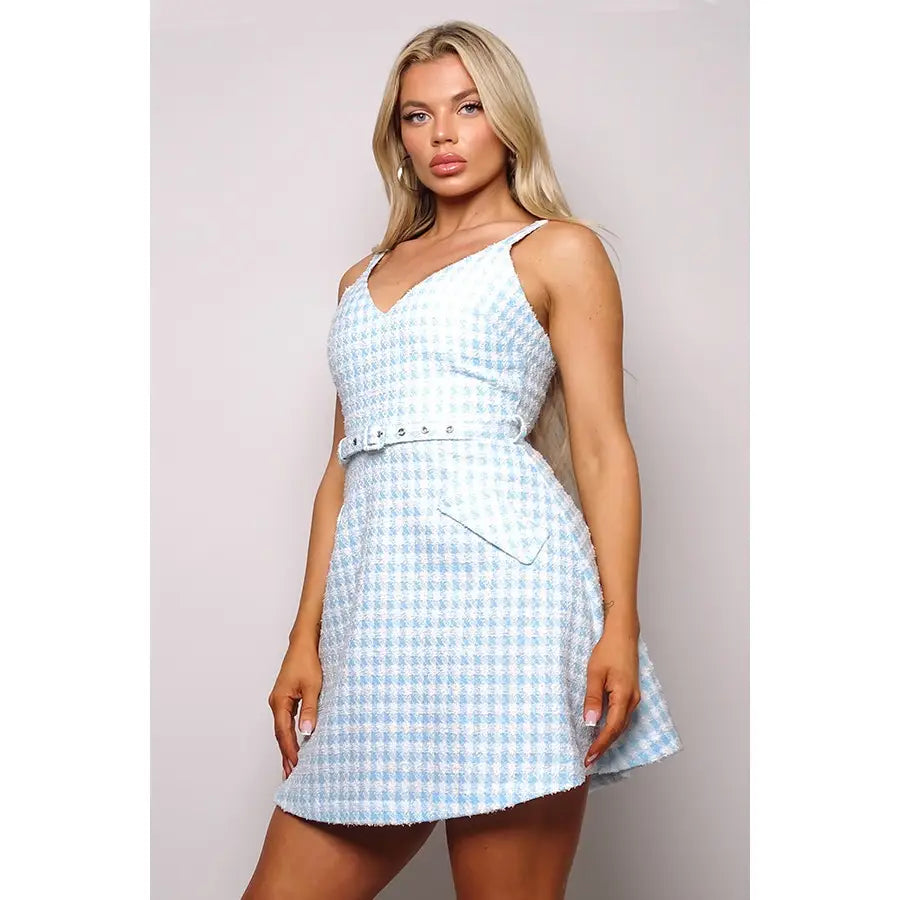 Sky Blue Tweed Sleevless Belted Dress