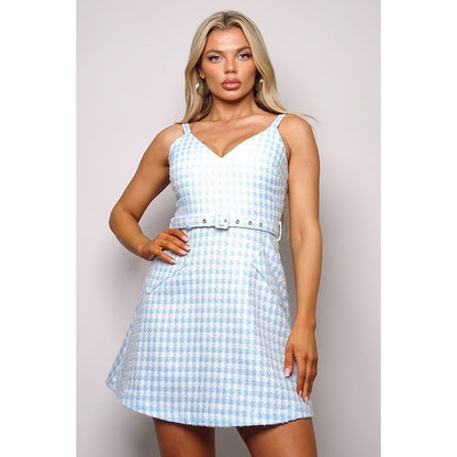 Sky Blue Tweed Sleevless Belted Dress