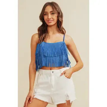 Rhinestone Fringe Crop Top - med - blue