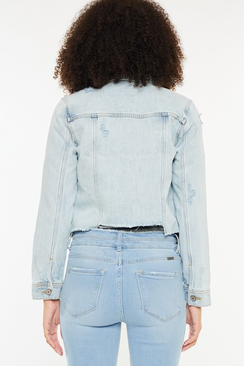 Kancan Distressed Light Denim Raw Hem Jacket