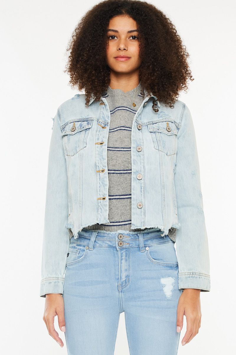 Kancan Distressed Light Denim Raw Hem Jacket