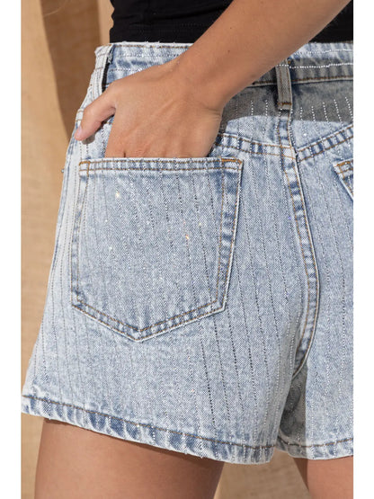 Denim Rhinestone Stud Shorts