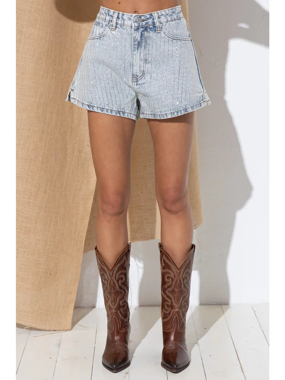 Denim Rhinestone Stud Shorts