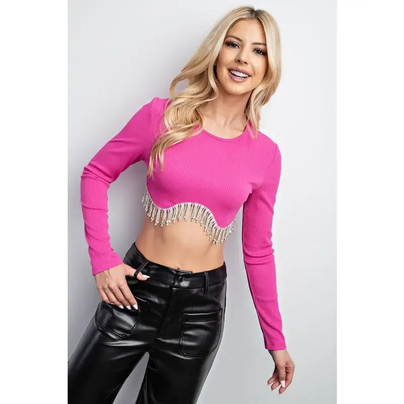 Fuchsia Rhinestone Hem Crop Top