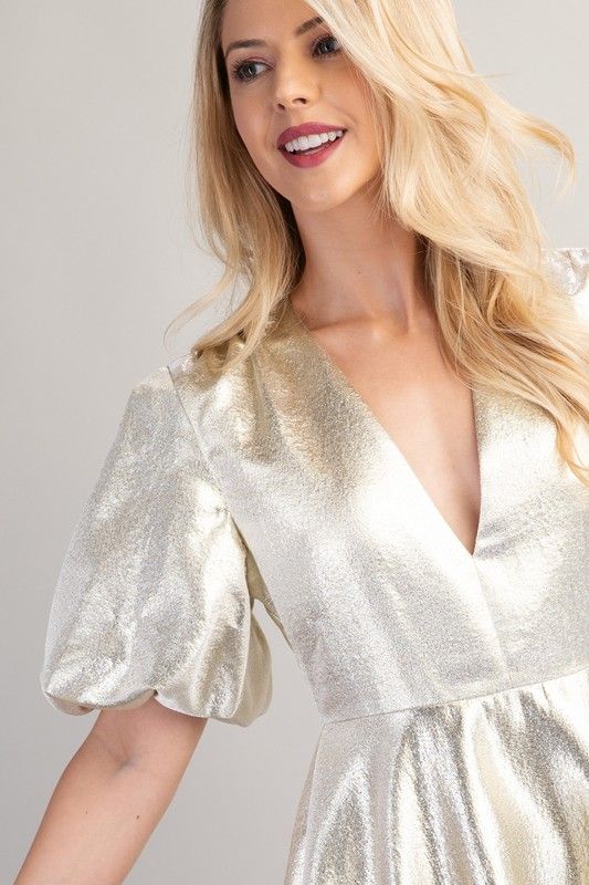 Gold V Neck Puffed Dress