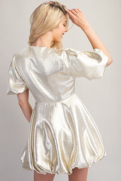 Gold V Neck Puffed Dress