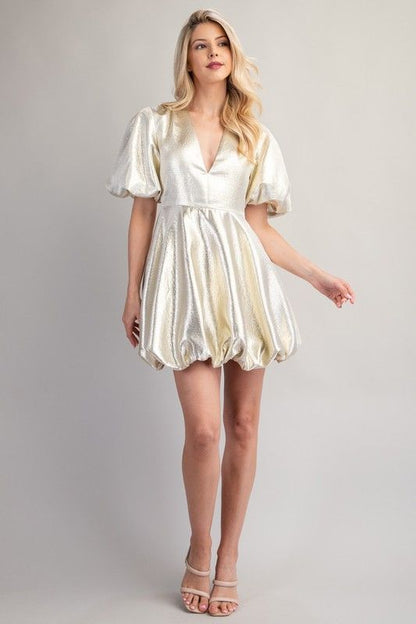 Gold V Neck Puffed Dress