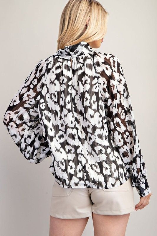 Black Leopard Knotted Collar Long Sleeve Top