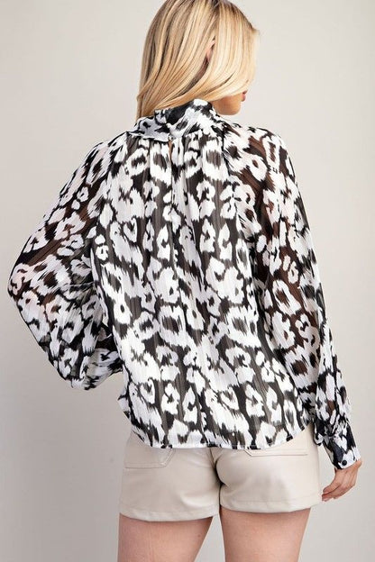 Black Leopard Knotted Collar Long Sleeve Top
