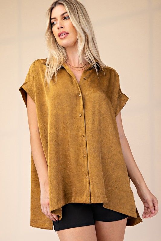Camel Textured Short Sleeve Button Down Shirt
