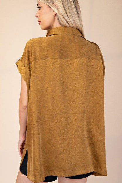 Camel Textured Short Sleeve Button Down Shirt