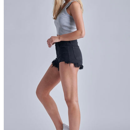 Black Denim High Rise Fray Shorts