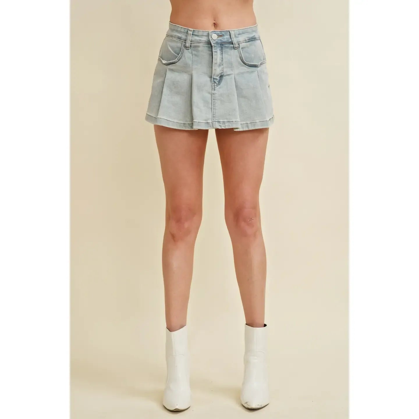 Pleated Denim Mini Skort