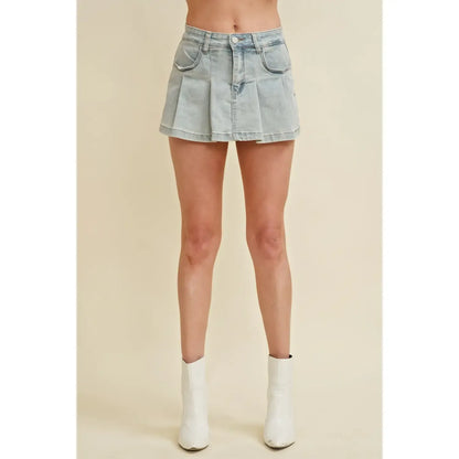 Pleated Denim Mini Skort