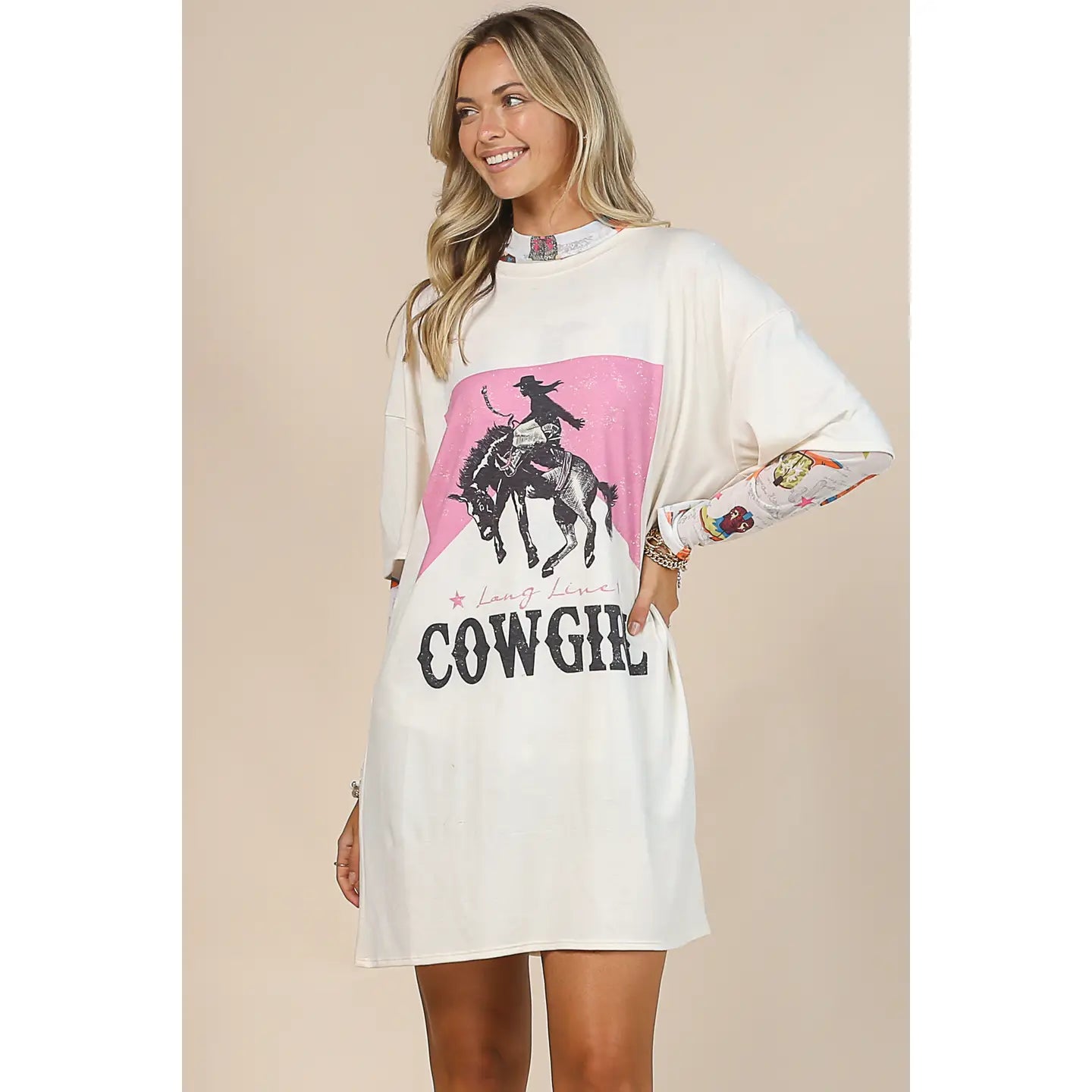 Cream/ Pink Western Cowgirl Tshirt Dress