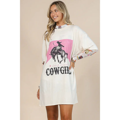 Cream/ Pink Western Cowgirl Tshirt Dress