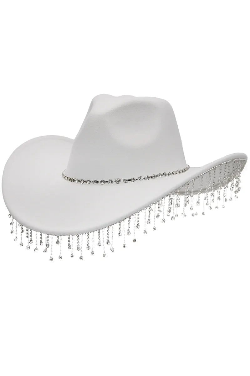Cowgirl Hat W/ Rhinestone Chain - white