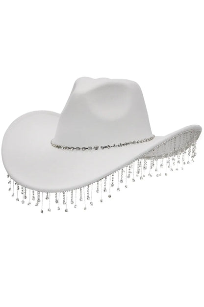 Cowgirl Hat W/ Rhinestone Chain - white