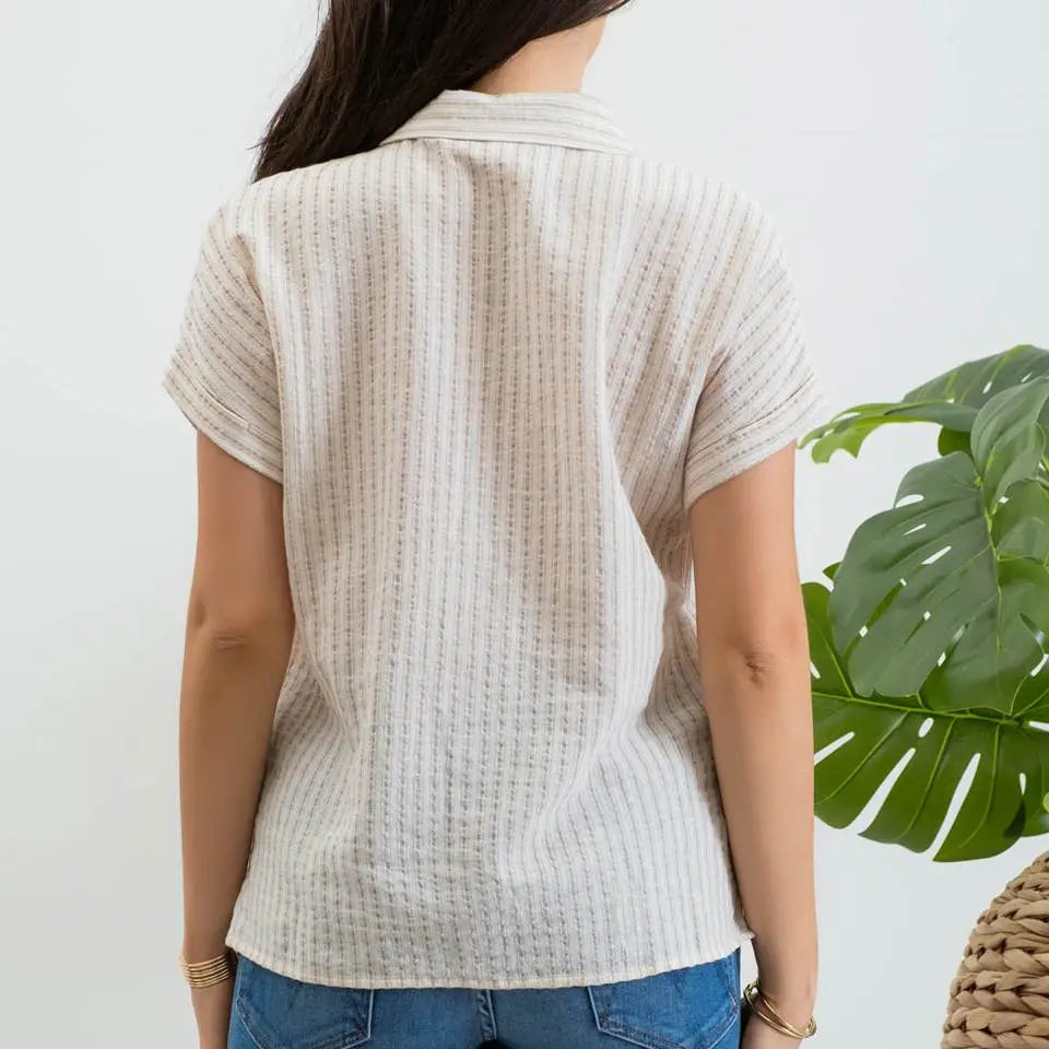 Khaki Stripe Collared Short Sleeve Linen Button Up