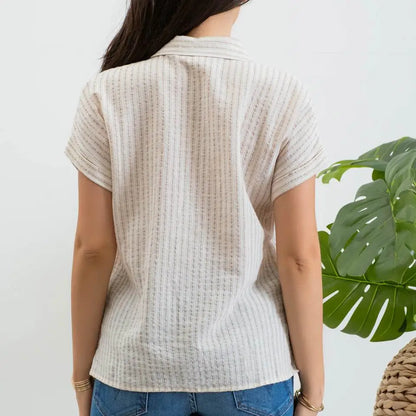 Khaki Stripe Collared Short Sleeve Linen Button Up