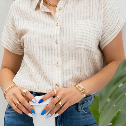 Khaki Stripe Collared Short Sleeve Linen Button Up