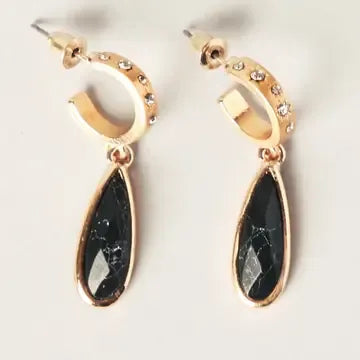 Teardrop Semi Precious Stone Hoops - black