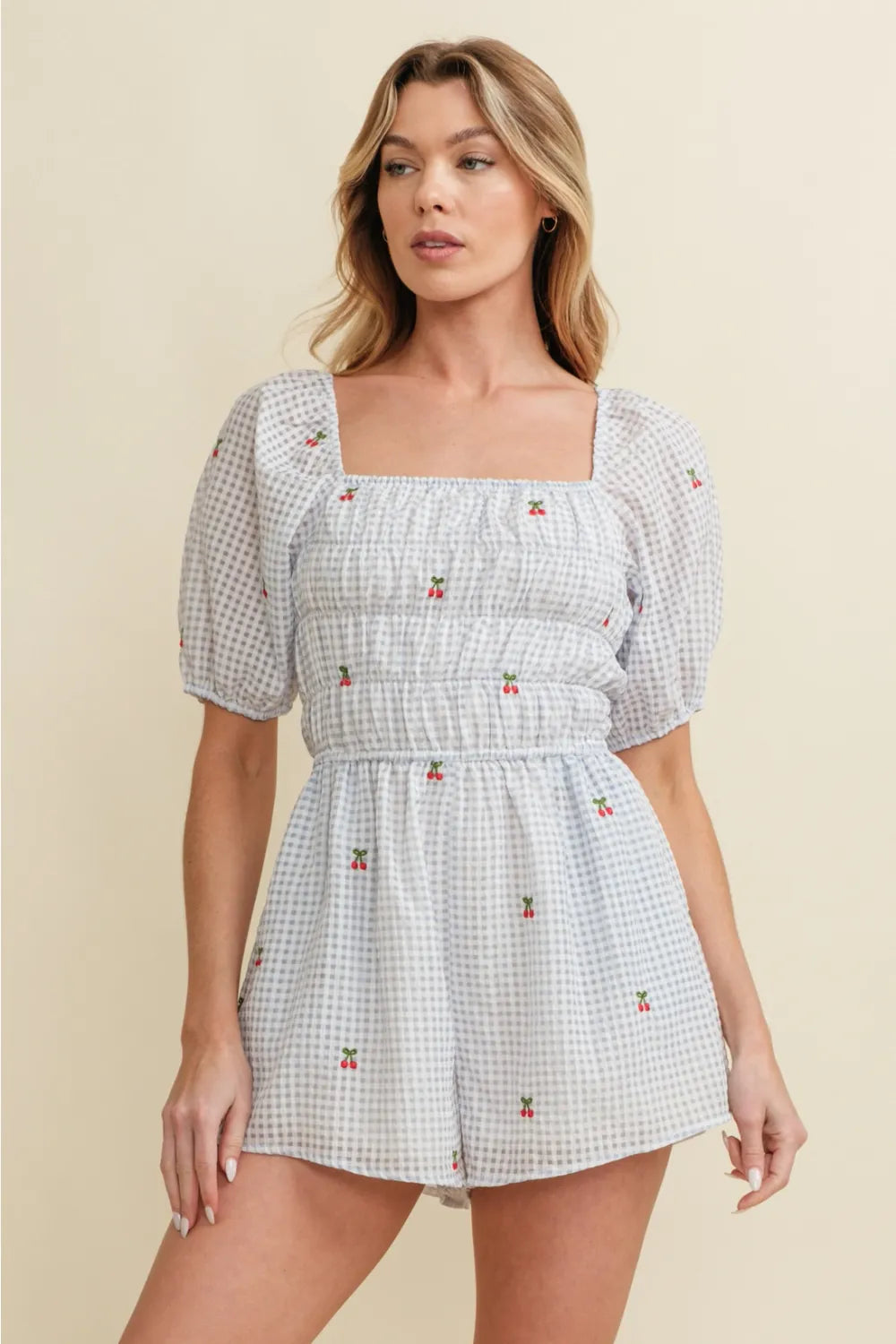 Cherry Print Gingham Romper