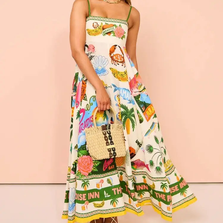 Beach Graffiti Print Maxi Dress