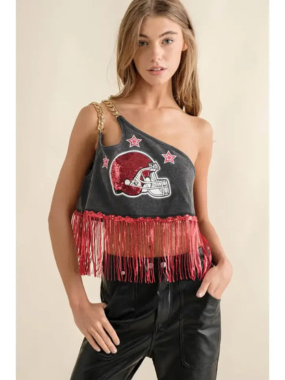 One Shoulder Sequin Helmet Top
