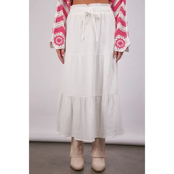 White Elastic Waist Tiered Maxi Skirt