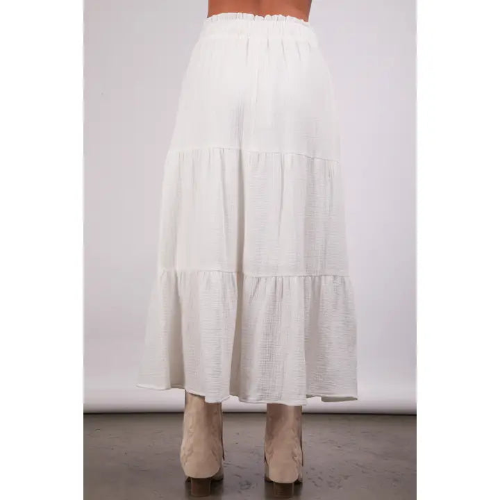 White Elastic Waist Tiered Maxi Skirt