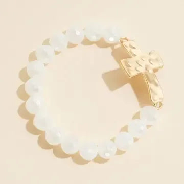 Cross Charm Glass Beaded Stretch Bracelet - white