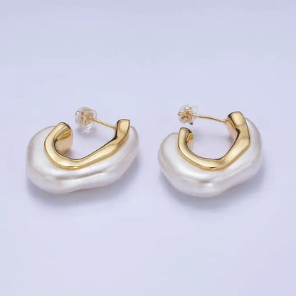 Gold And Pearl Geometric Hoops